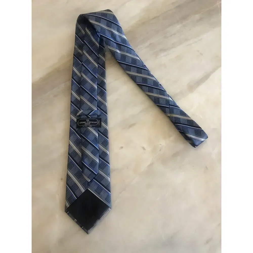 Mens Bruno Piattelli Blue Silver Pure Silk Striped Tie Hand Made Extra Long